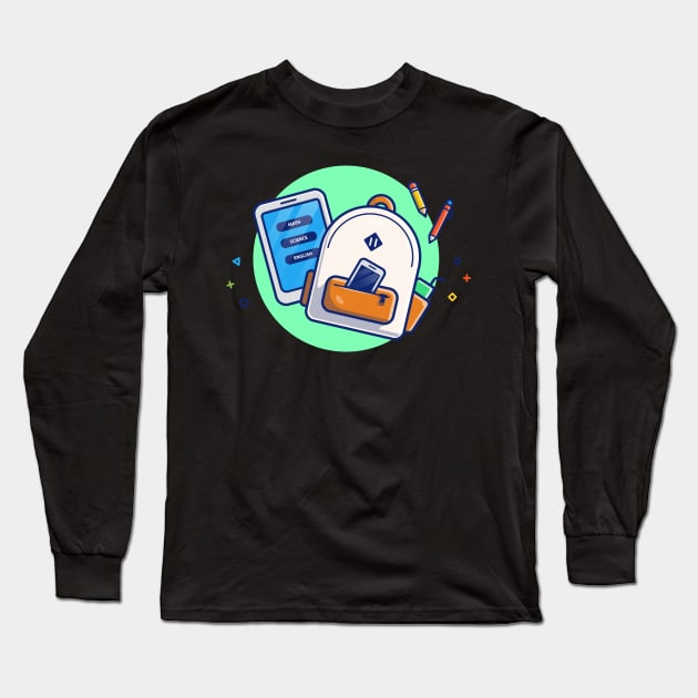 Backpack, Hand Phone, Tablet, Pen, And Pencil Cartoon Long Sleeve T-Shirt by Catalyst Labs